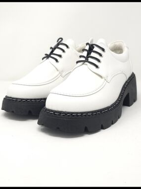 White Patent Brogue Lace up Loafers Chunky Black Lug Sole Oxfords